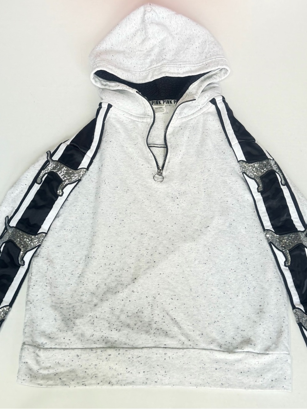 PINK Victoria’s Secret Sequin Dog Hoodie Silver Y2K Bling 1/4 Zip Gray Large